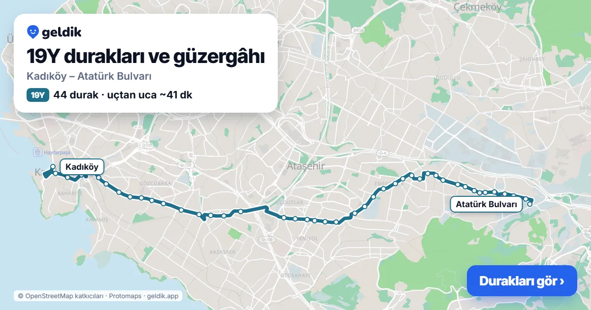 19Y otobüs güzergâhı haritası: Kadıköy – Atatürk Bulvarı, 44 durak
