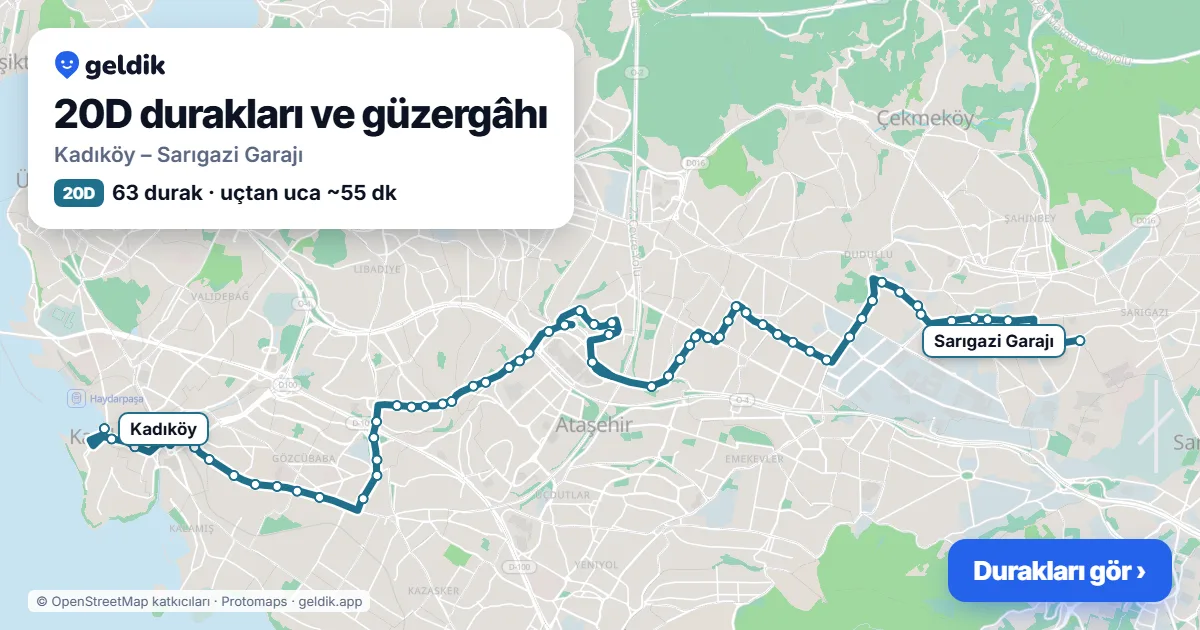 20D otobüs güzergâhı haritası: Kadıköy – Sarıgazi Garajı, 63 durak