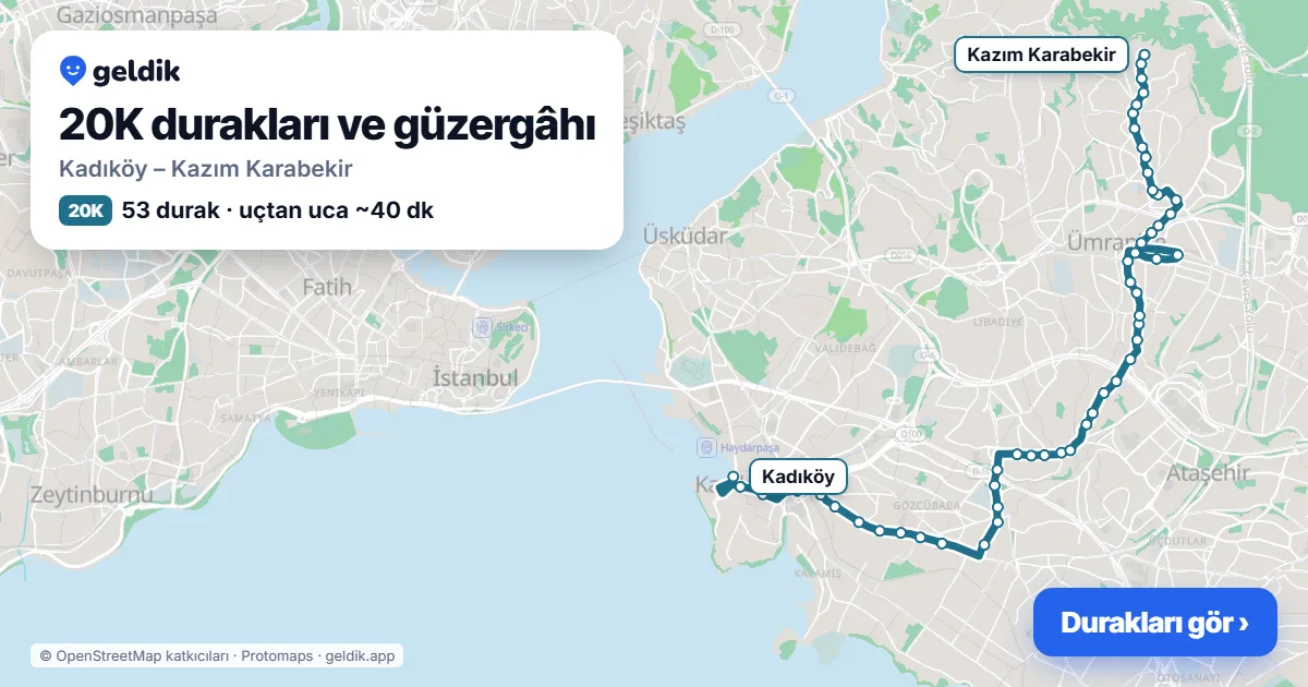 20K otobüs güzergâhı haritası: Kadıköy – Kazım Karabekir, 53 durak