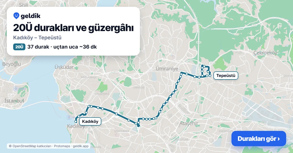 20Ü bus route map: Kadıköy – Tepeüstü, 37 stops