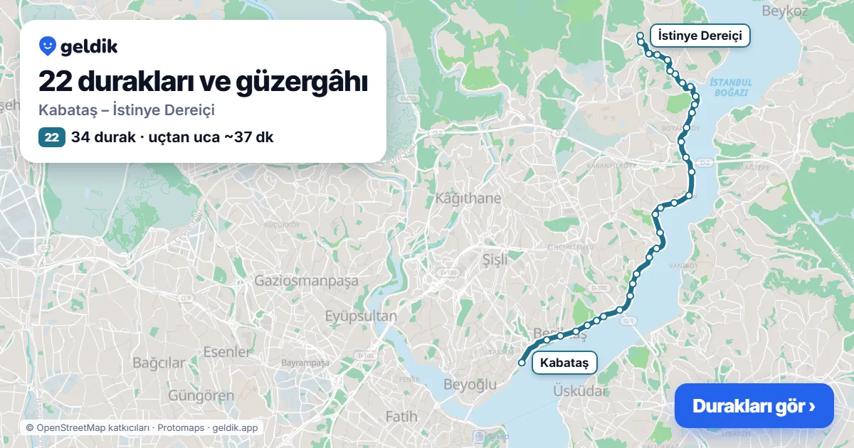 22 otobüs güzergâhı haritası: Kabataş – İstinye Dereiçi, 34 durak