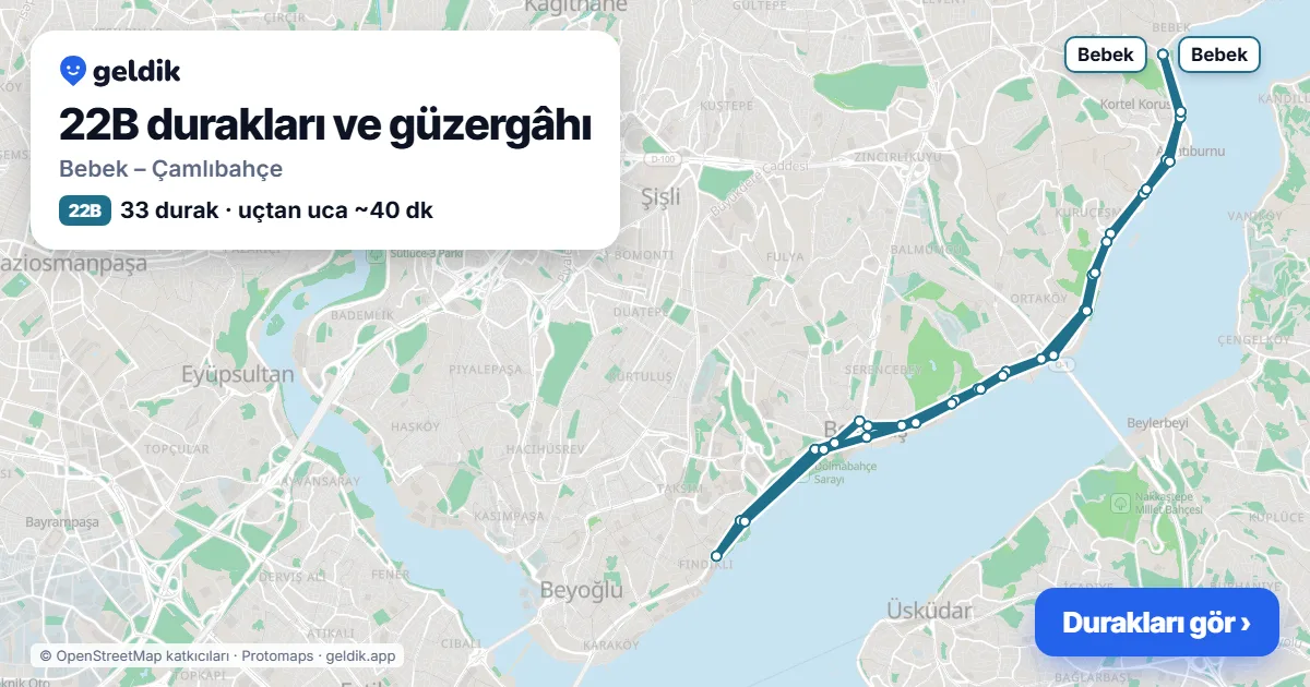 22B otobüs güzergâhı haritası: Bebek – Çamlıbahçe, 33 durak