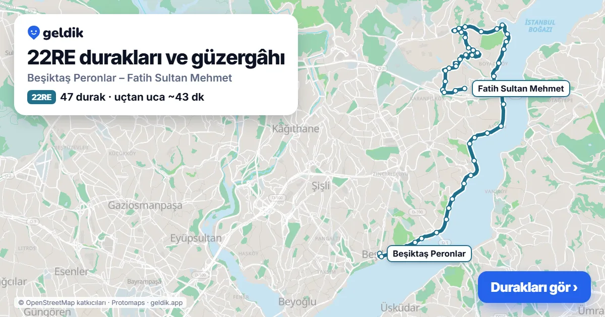 22RE otobüs güzergâhı haritası: Beşiktaş Peronlar – Fatih Sultan Mehmet, 47 durak