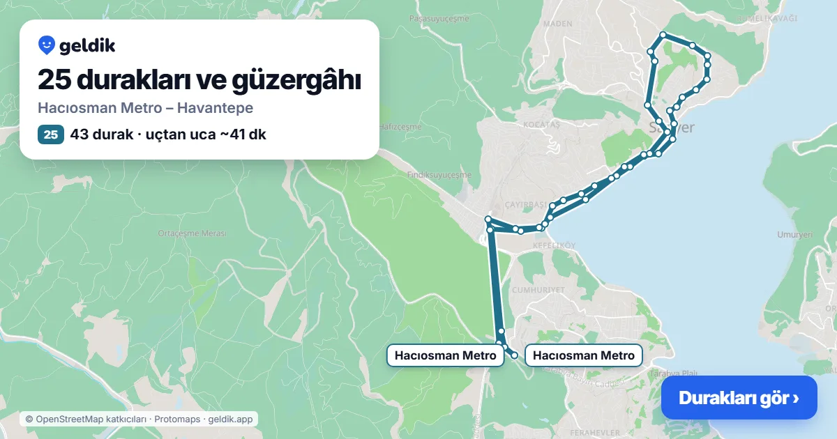 25 otobüs güzergâhı haritası: Hacıosman Metro – Havantepe, 43 durak