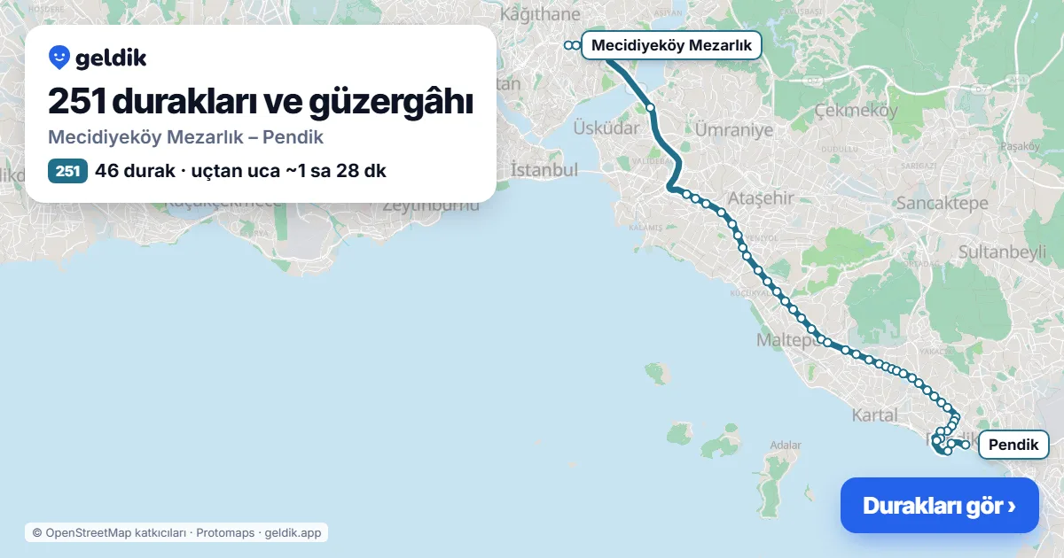 251 otobüs güzergâhı haritası: Mecidiyeköy Mezarlık – Pendik, 46 durak