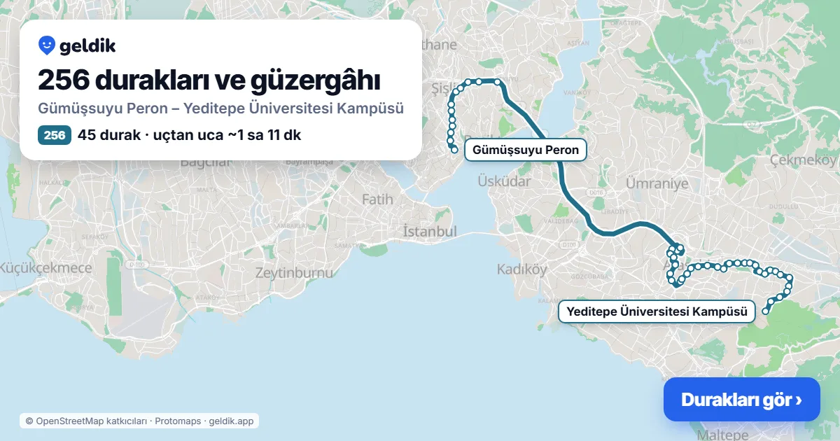 256 otobüs güzergâhı haritası: Gümüşsuyu Peron – Yeditepe Üniversitesi Kampüsü, 45 durak