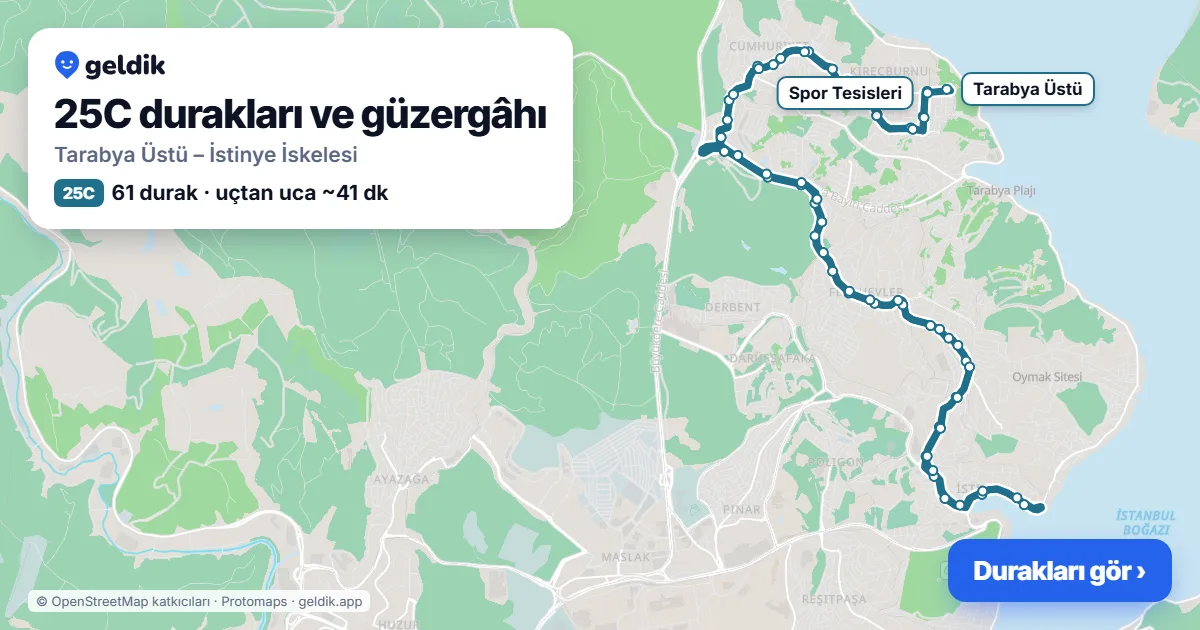 25C otobüs güzergâhı haritası: Tarabya Üstü – İstinye İskelesi, 61 durak