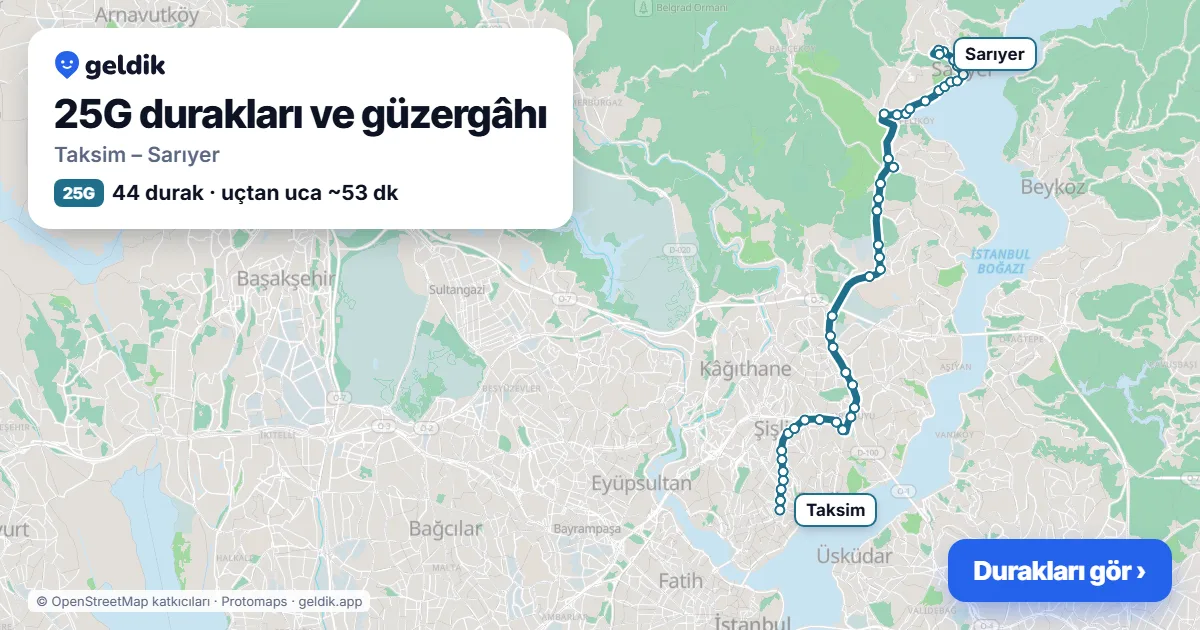 25G otobüs güzergâhı haritası: Taksim – Sarıyer, 44 durak
