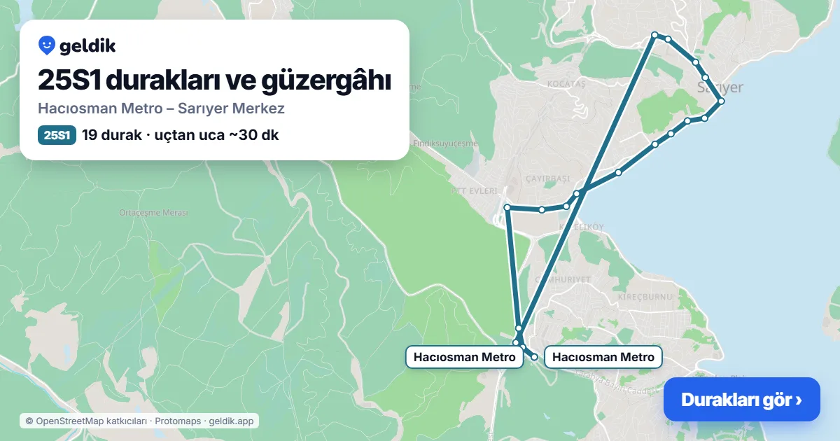 25S1 otobüs güzergâhı haritası: Hacıosman Metro – Sarıyer Merkez, 19 durak