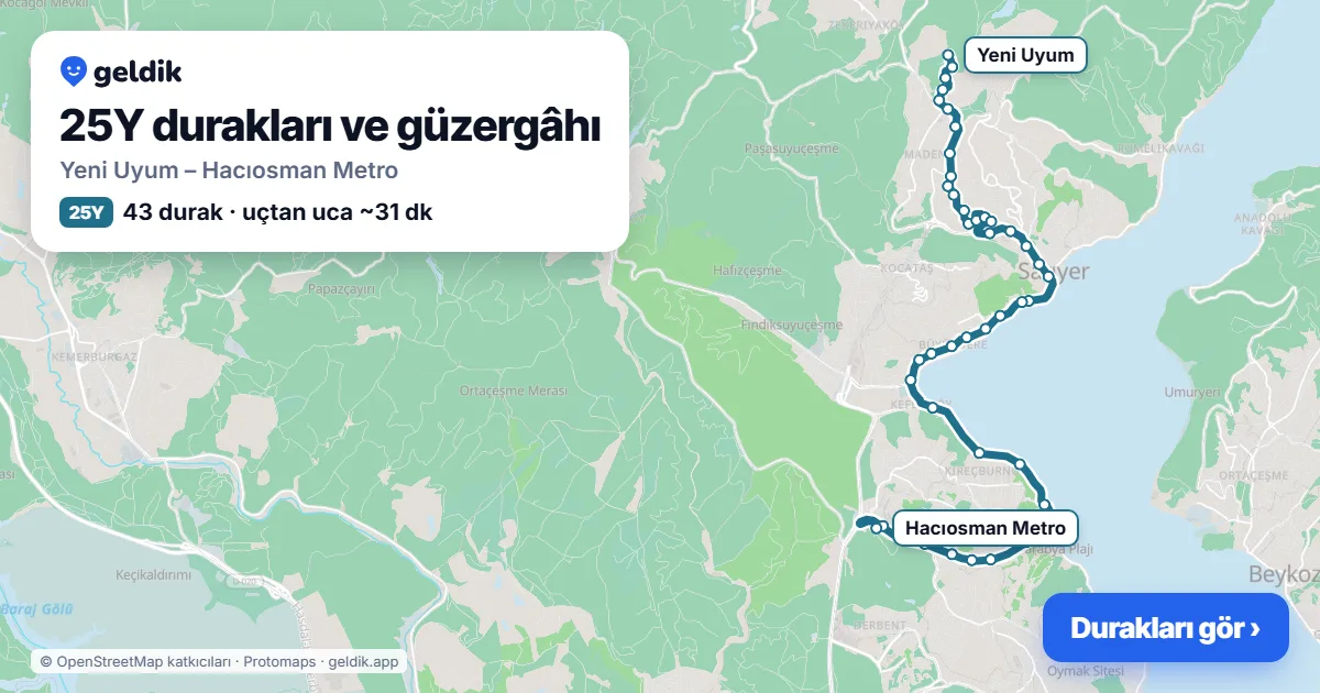 25Y otobüs güzergâhı haritası: Yeni Uyum – Hacıosman Metro, 43 durak
