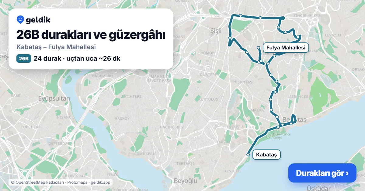 26B bus route map: Kabataş – Fulya Mahallesi, 24 stops