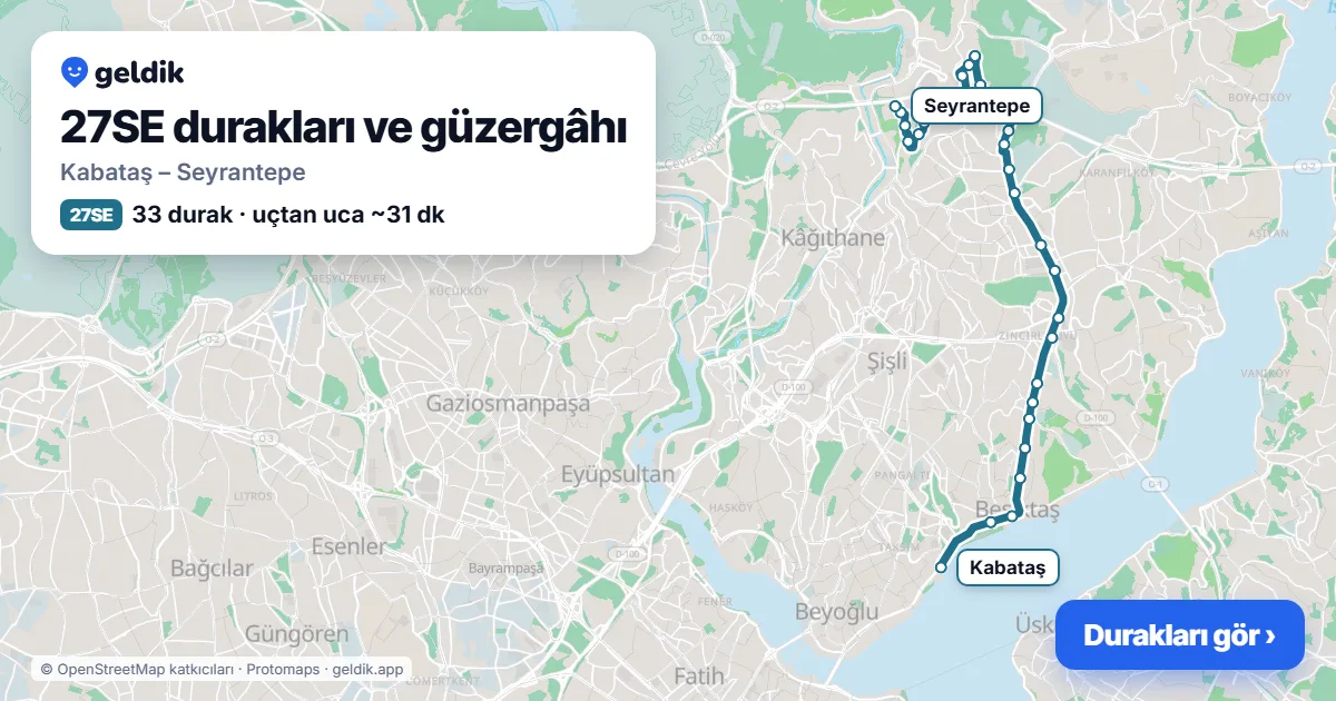 27SE otobüs güzergâhı haritası: Kabataş – Seyrantepe, 33 durak