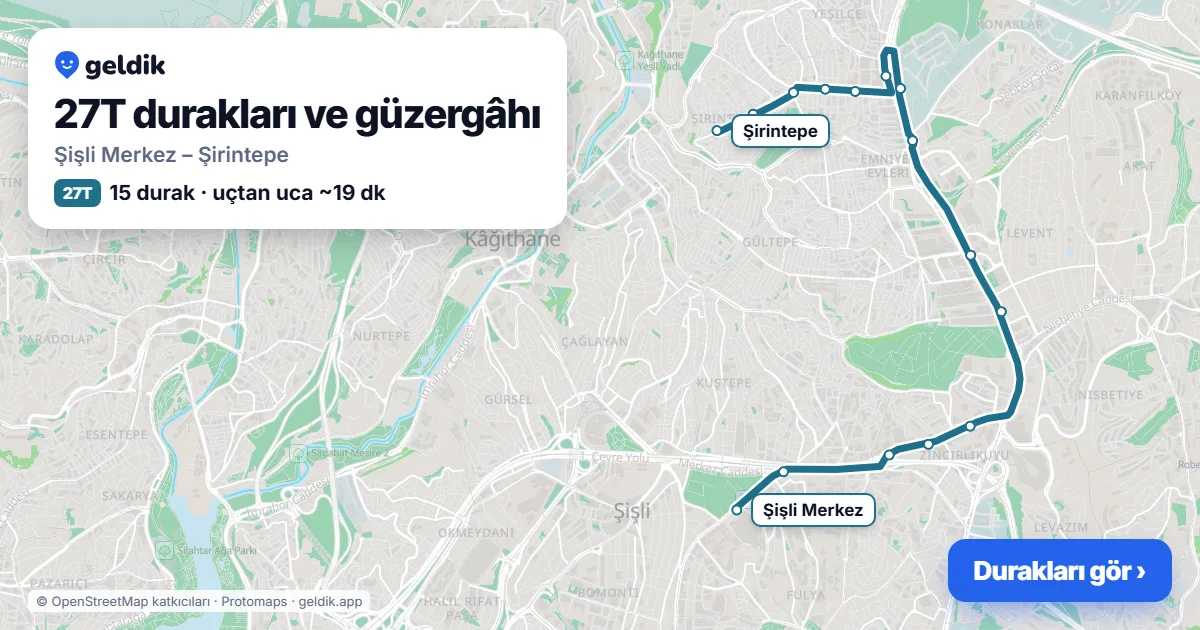 27T bus route map: Şişli Merkez – Şirintepe, 15 stops
