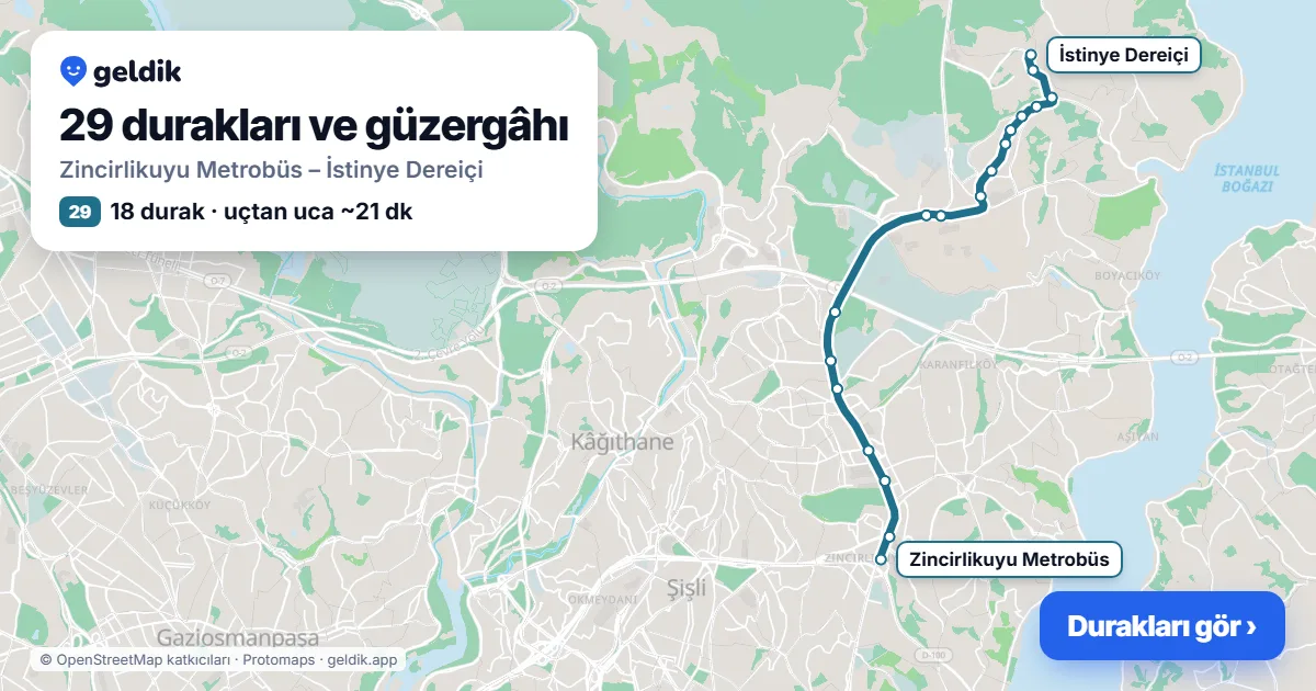 29 otobüs güzergâhı haritası: Zincirlikuyu Metrobüs – İstinye Dereiçi, 18 durak