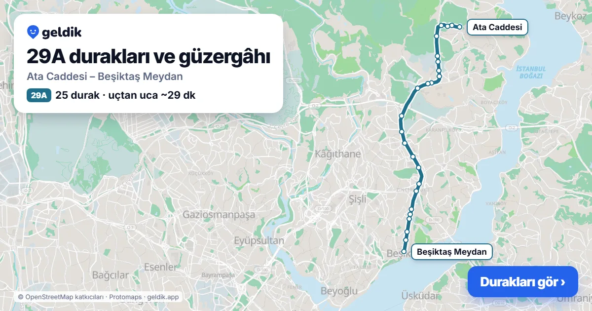 29A otobüs güzergâhı haritası: Ata Caddesi – Beşiktaş Meydan, 25 durak