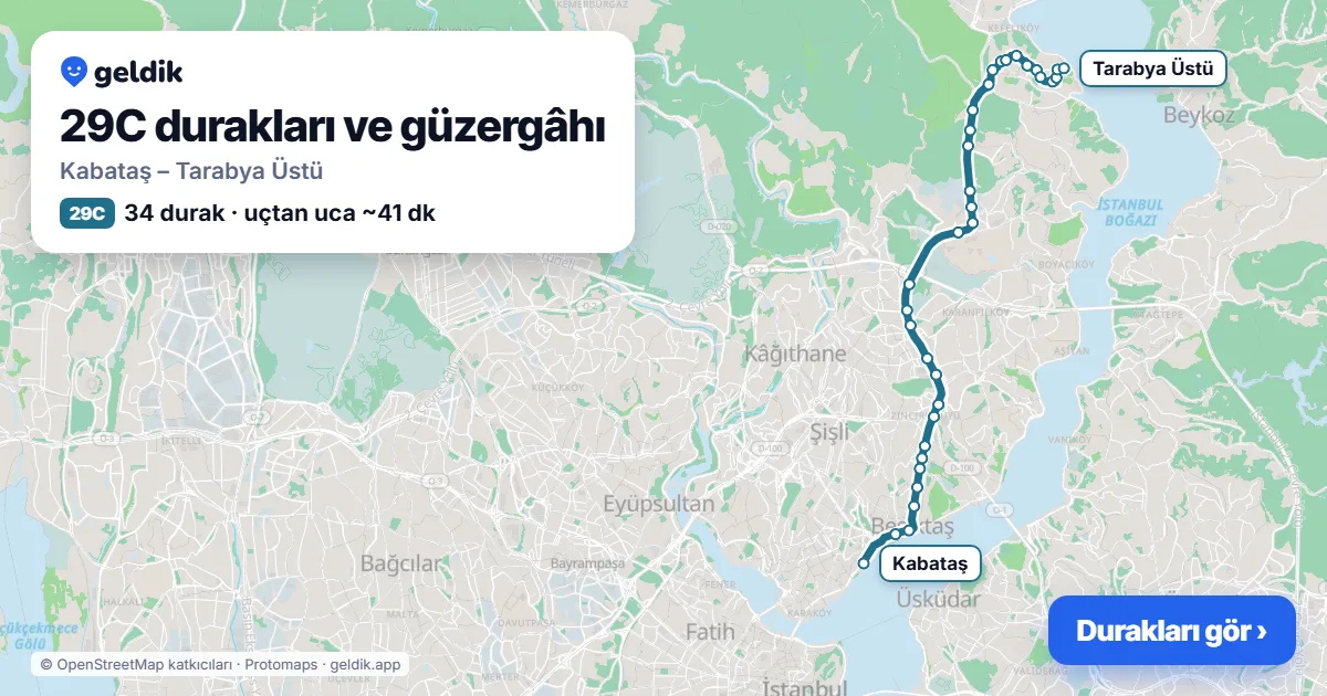 29C otobüs güzergâhı haritası: Kabataş – Tarabya Üstü, 34 durak