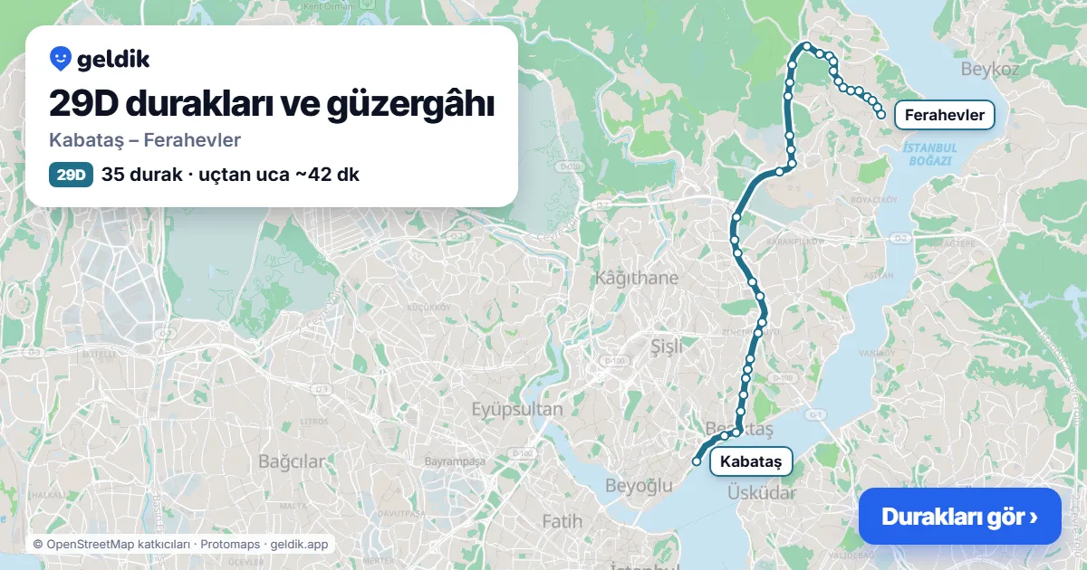 29D otobüs güzergâhı haritası: Kabataş – Ferahevler, 35 durak