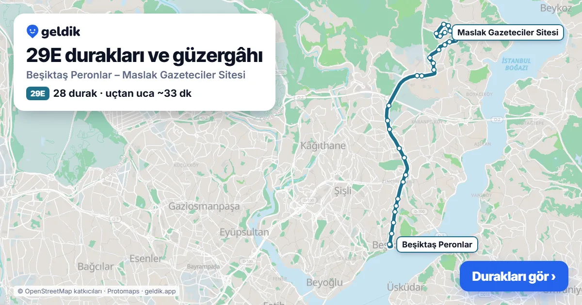 29E otobüs güzergâhı haritası: Beşiktaş Peronlar – Maslak Gazeteciler Sitesi, 28 durak