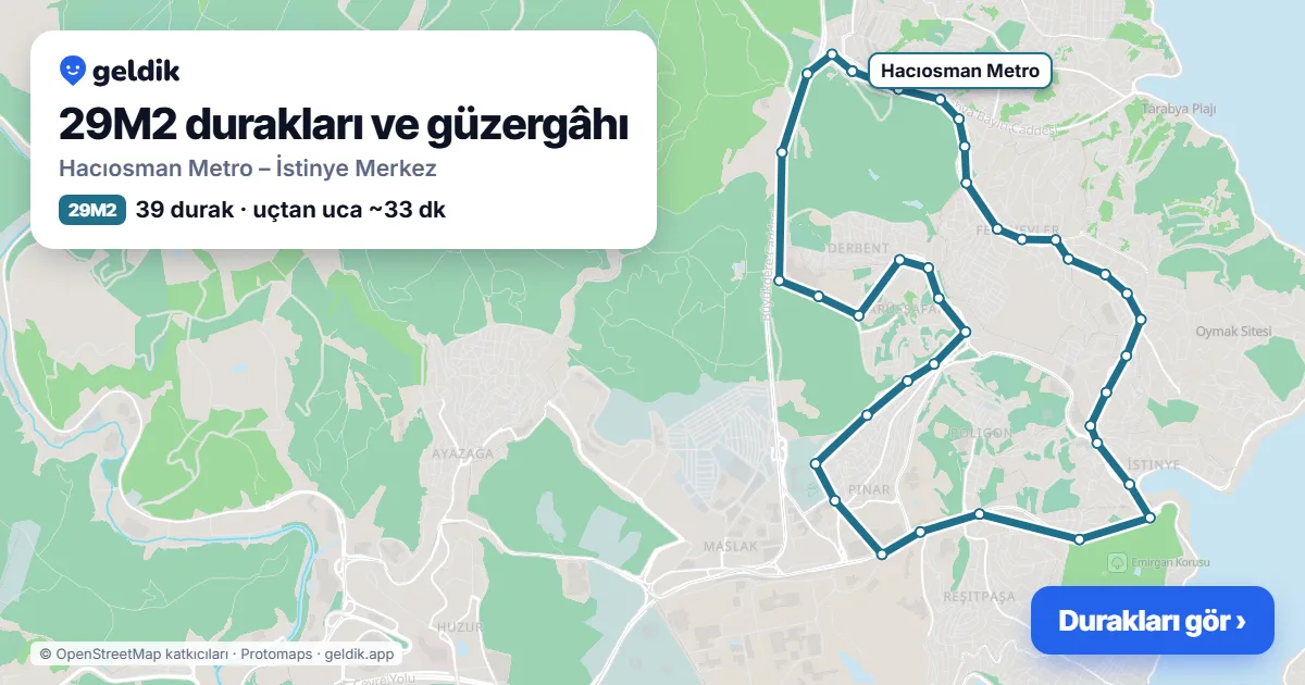 29M2 otobüs güzergâhı haritası: Hacıosman Metro – İstinye Merkez, 39 durak