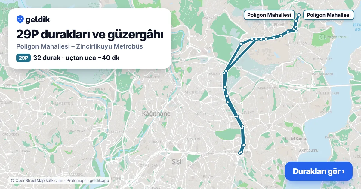 29P otobüs güzergâhı haritası: Poligon Mahallesi – Zincirlikuyu Metrobüs, 32 durak