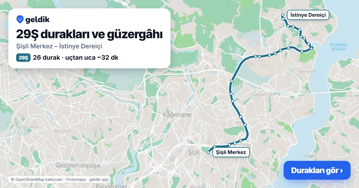 29Ş otobüs güzergâhı haritası: Şişli Merkez – İstinye Dereiçi, 26 durak
