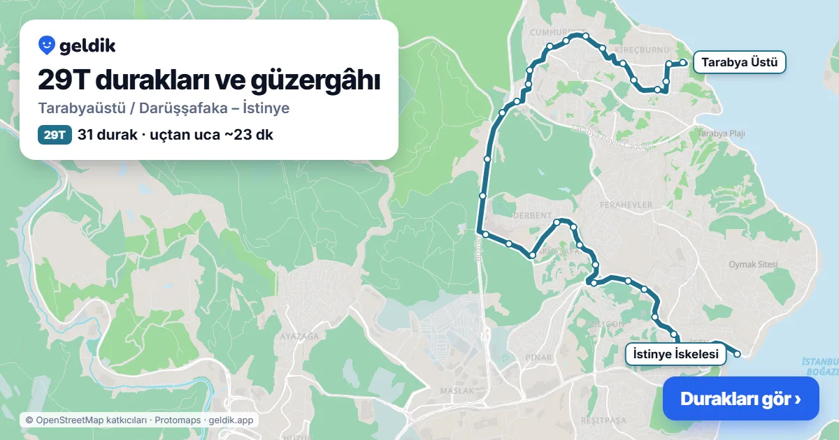 29T otobüs güzergâhı haritası: Tarabyaüstü / Darüşşafaka – İstinye, 31 durak