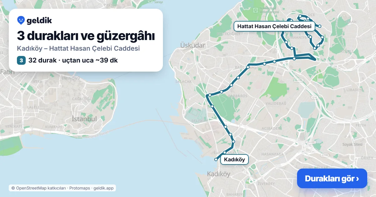 3 otobüs güzergâhı haritası: Kadıköy – Hattat Hasan Çelebi Caddesi, 32 durak