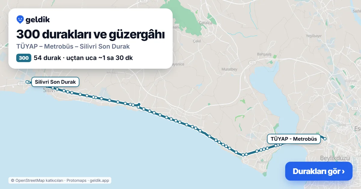 300 otobüs güzergâhı haritası: TÜYAP – Metrobüs – Silivri Son Durak, 54 durak