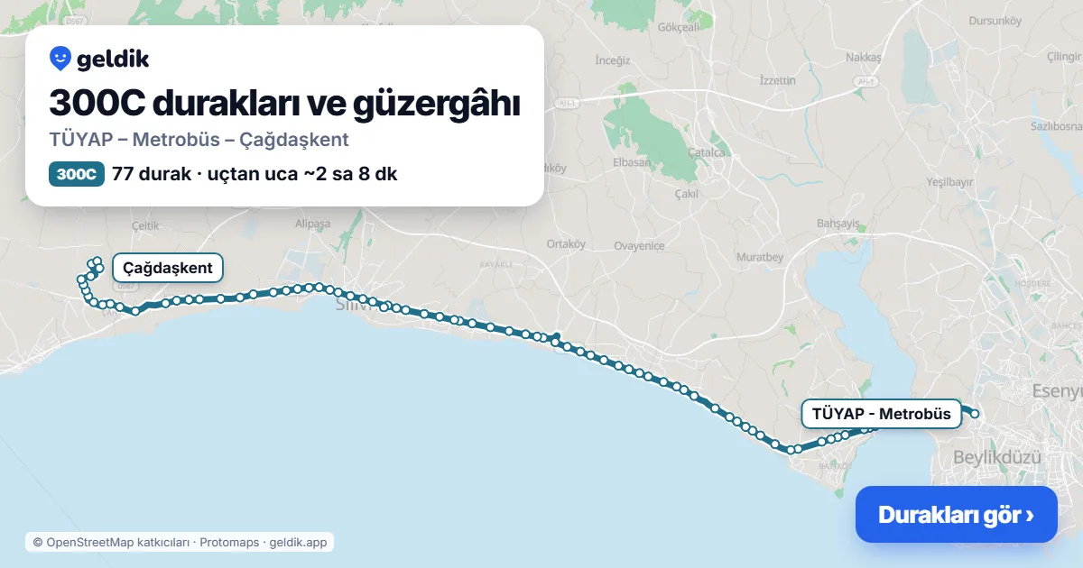 300C otobüs güzergâhı haritası: TÜYAP – Metrobüs – Çağdaşkent, 77 durak