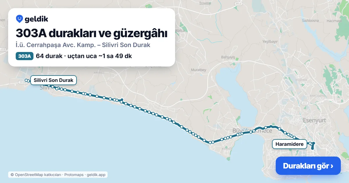 303A otobüs güzergâhı haritası: İ.ü. Cerrahpaşa Avc. Kamp. – Silivri Son Durak, 64 durak
