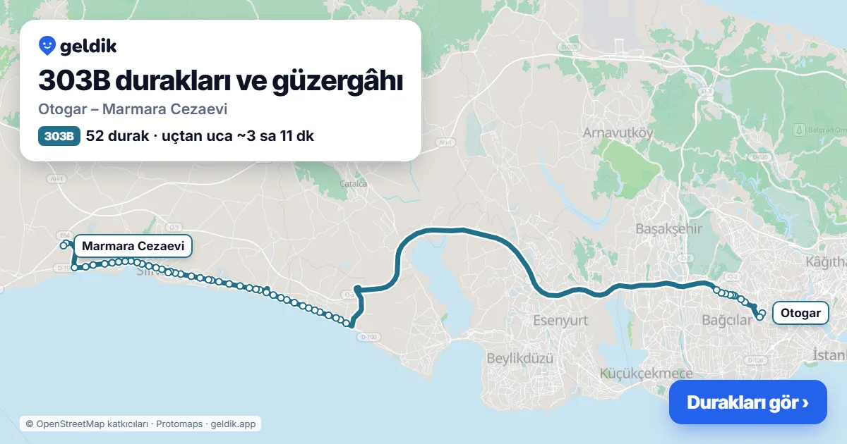 303B bus route map: Otogar – Marmara Cezaevi, 52 stops