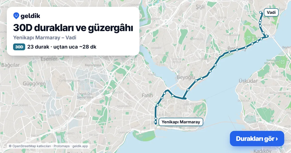 30D otobüs güzergâhı haritası: Yenikapı Marmaray – Vadi, 23 durak