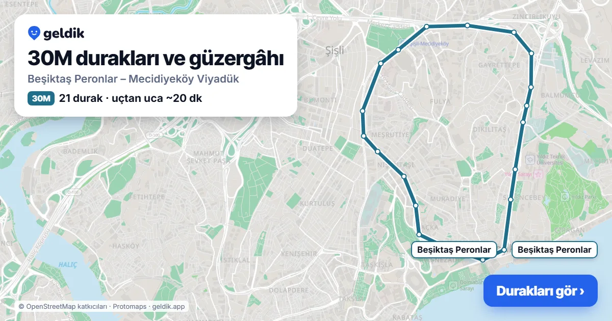 30M otobüs güzergâhı haritası: Beşiktaş Peronlar – Mecidiyeköy Viyadük, 21 durak