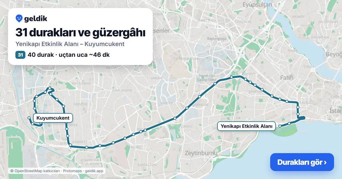 31 otobüs güzergâhı haritası: Yenikapı Etkinlik Alanı – Kuyumcukent, 40 durak