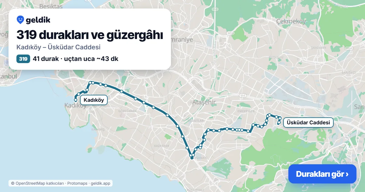 319 otobüs güzergâhı haritası: Kadıköy – Üsküdar Caddesi, 41 durak