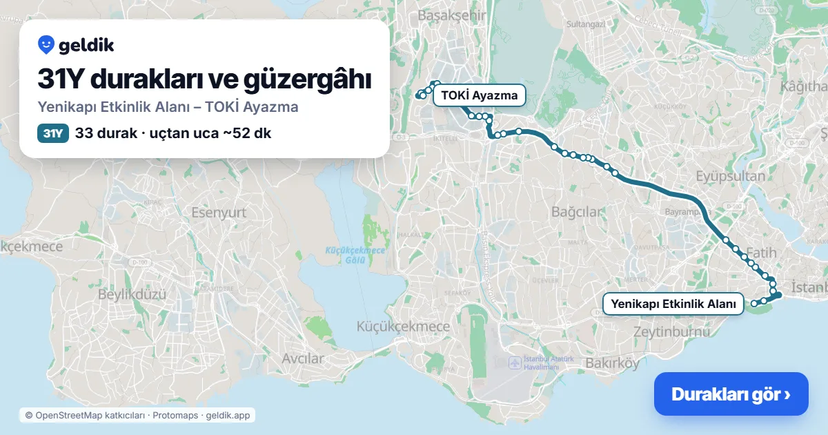 31Y otobüs güzergâhı haritası: Yenikapı Etkinlik Alanı – TOKİ Ayazma, 33 durak