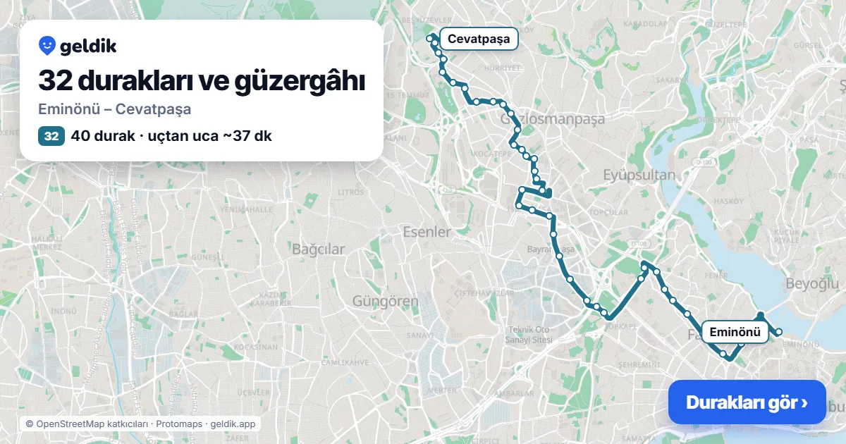 32 otobüs güzergâhı haritası: Eminönü – Cevatpaşa, 40 durak