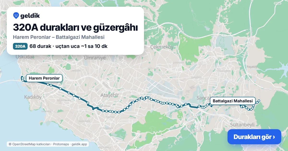 320A otobüs güzergâhı haritası: Harem Peronlar – Battalgazi Mahallesi, 68 durak