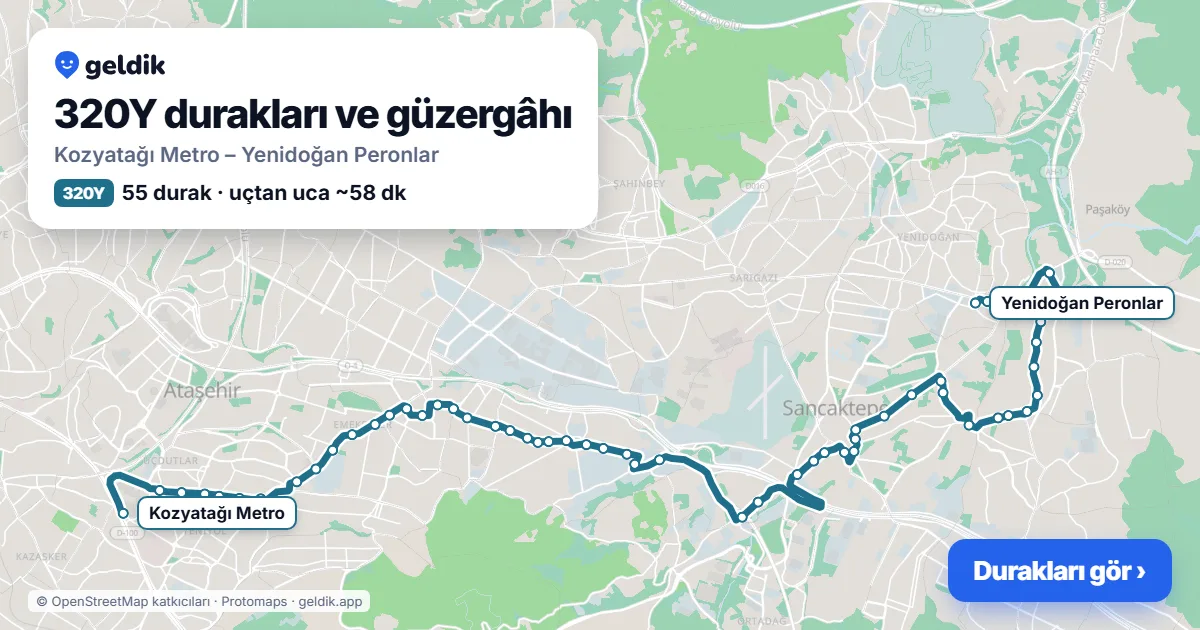 320Y otobüs güzergâhı haritası: Kozyatağı Metro – Yenidoğan Peronlar, 55 durak