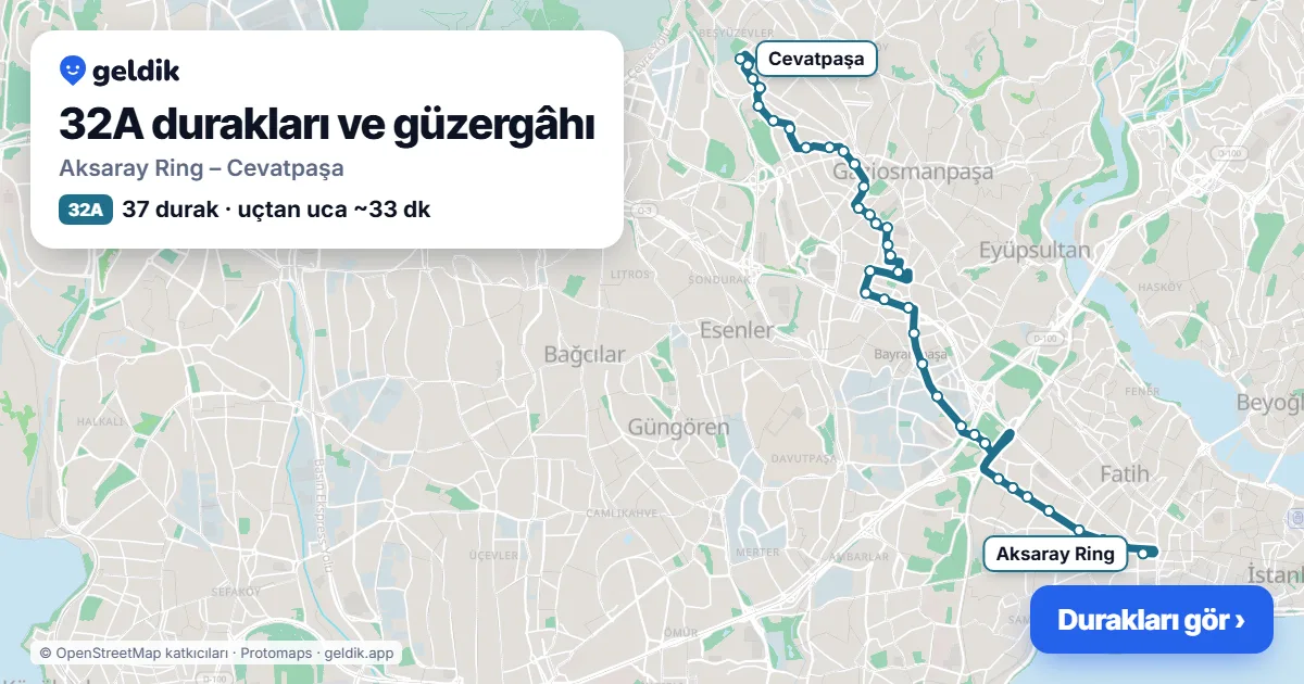 32A otobüs güzergâhı haritası: Aksaray Ring – Cevatpaşa, 37 durak