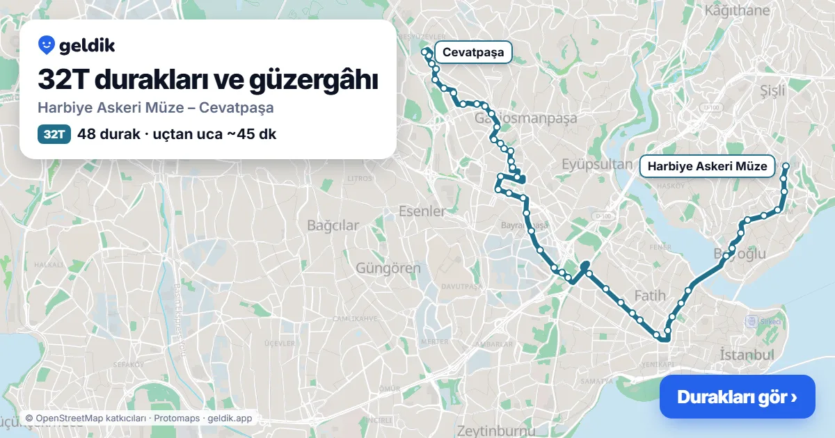 32T otobüs güzergâhı haritası: Harbiye Askeri Müze – Cevatpaşa, 48 durak