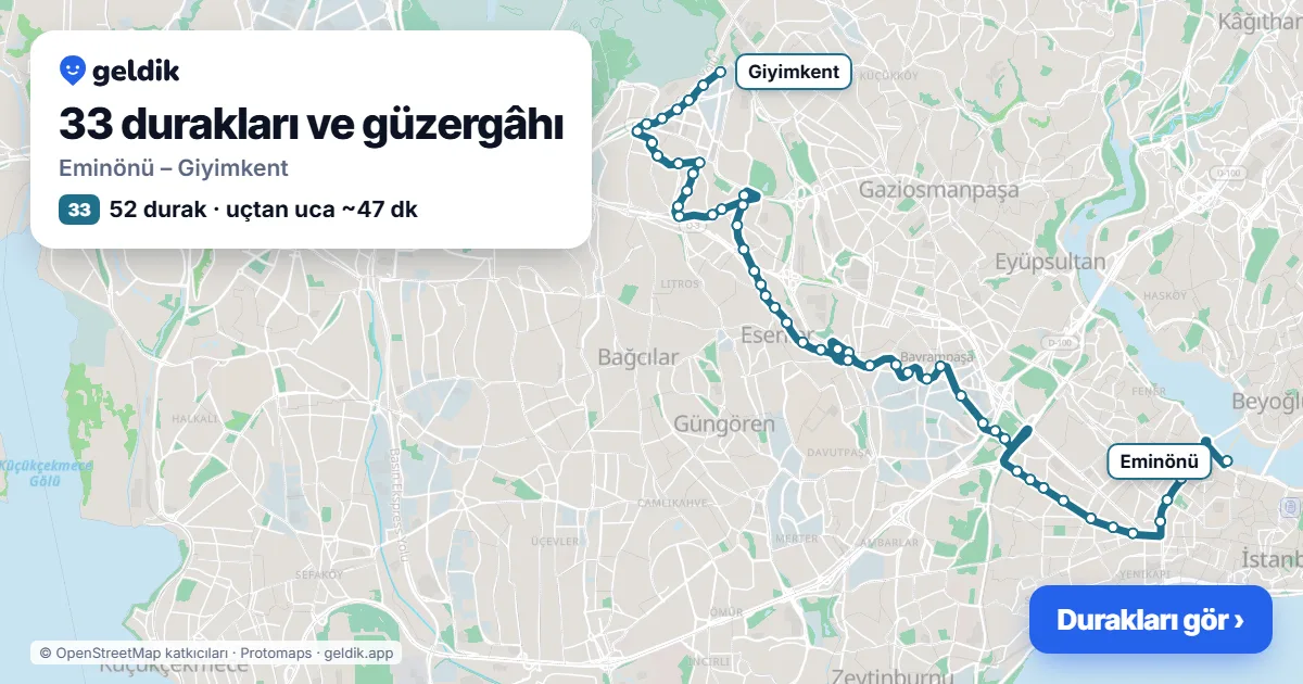33 otobüs güzergâhı haritası: Eminönü – Giyimkent, 52 durak