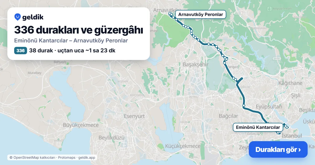 336 otobüs güzergâhı haritası: Eminönü Kantarcılar – Arnavutköy Peronlar, 38 durak