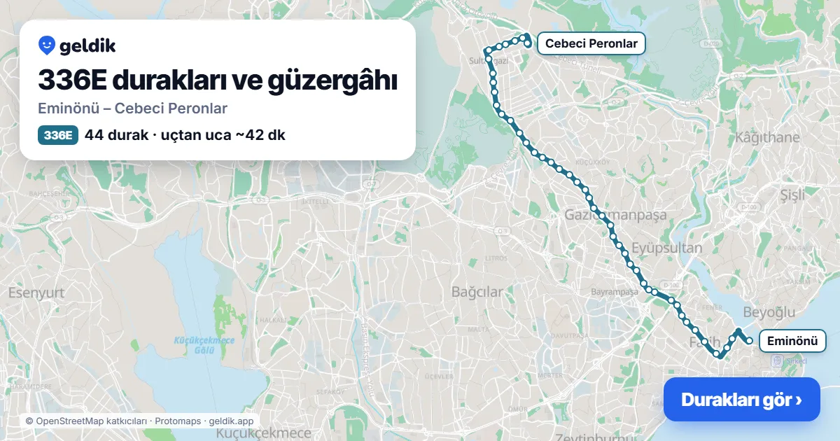 336E otobüs güzergâhı haritası: Eminönü – Cebeci Peronlar, 44 durak