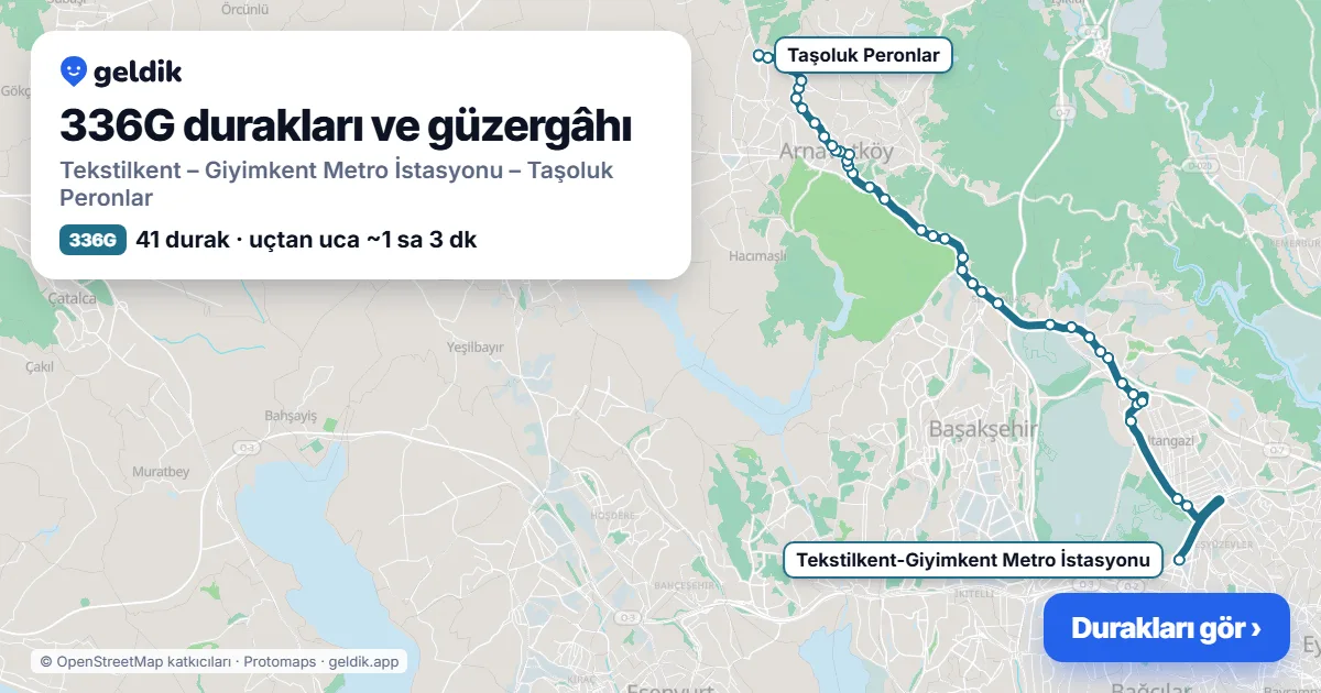 336G otobüs güzergâhı haritası: Tekstilkent – Giyimkent Metro İstasyonu – Taşoluk Peronlar, 41 durak