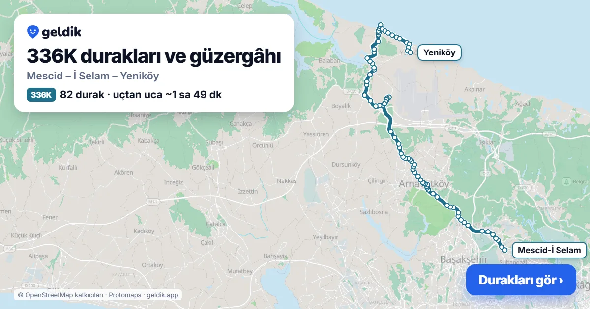 336K otobüs güzergâhı haritası: Mescid – İ Selam – Yeniköy, 82 durak