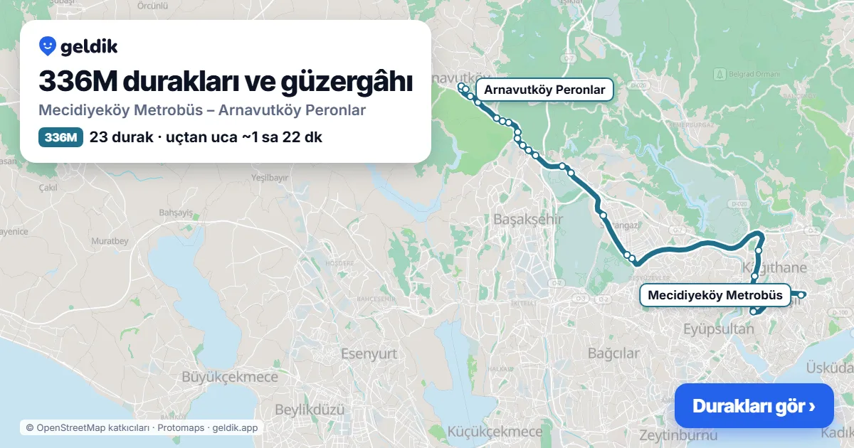 336M otobüs güzergâhı haritası: Mecidiyeköy Metrobüs – Arnavutköy Peronlar, 23 durak