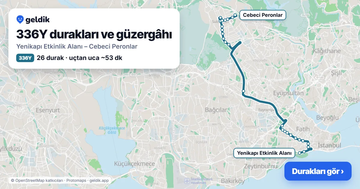 336Y otobüs güzergâhı haritası: Yenikapı Etkinlik Alanı – Cebeci Peronlar, 26 durak
