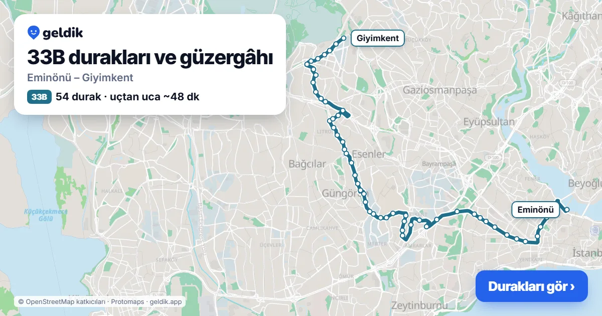 33B otobüs güzergâhı haritası: Eminönü – Giyimkent, 54 durak