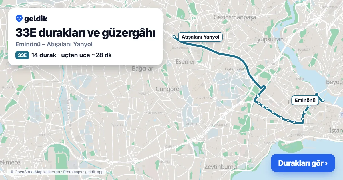 33E otobüs güzergâhı haritası: Eminönü – Atışalanı Yanyol, 14 durak